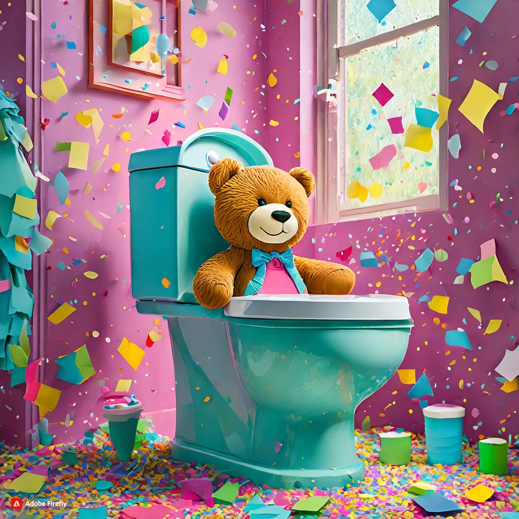 Firefly ours en peluche assit des petites toilettes en plastique le tout fait en papier decoupe su