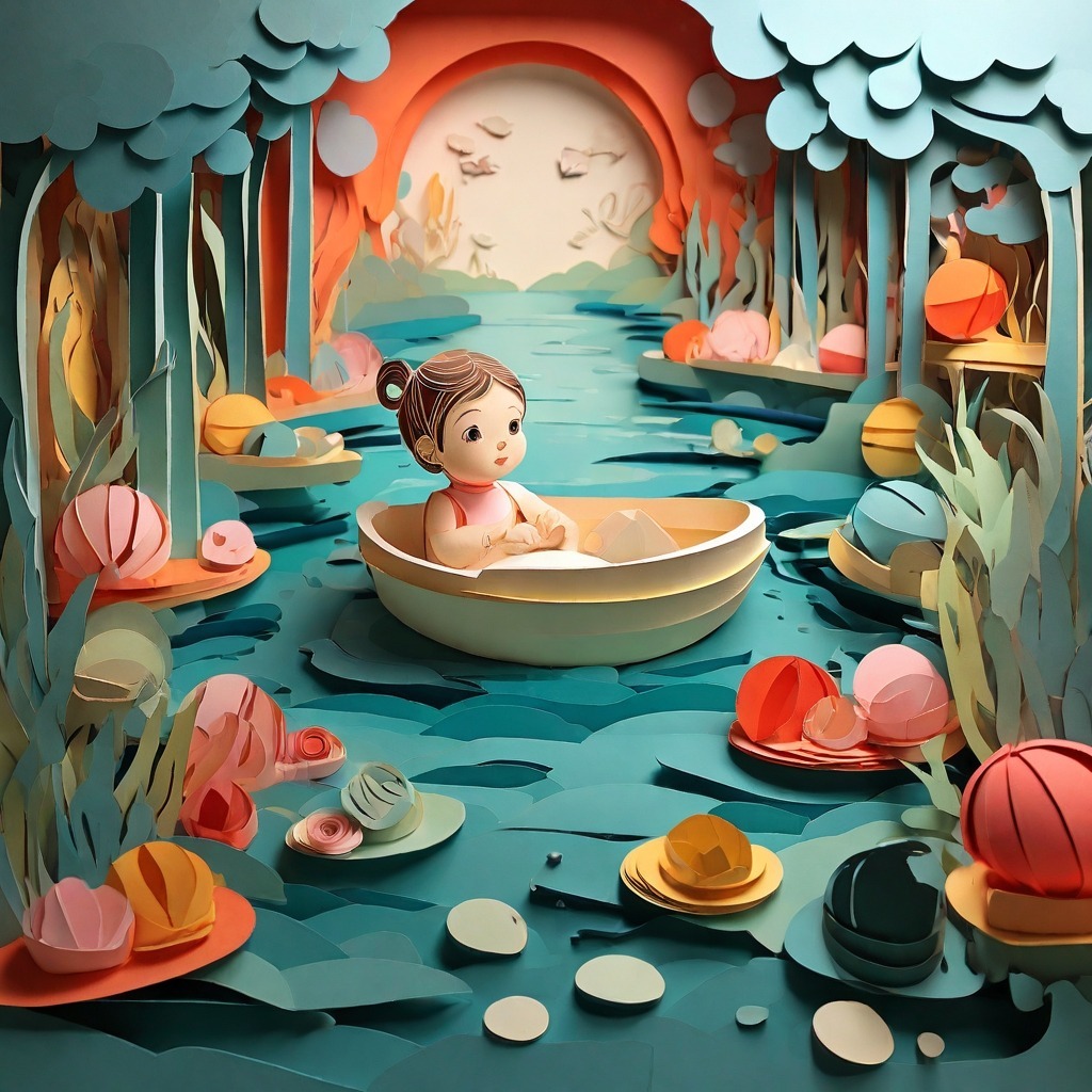 baby spa_Marina_Adamova_paper_cut_art_style_a_Baby_in_a_Spa_wit_0