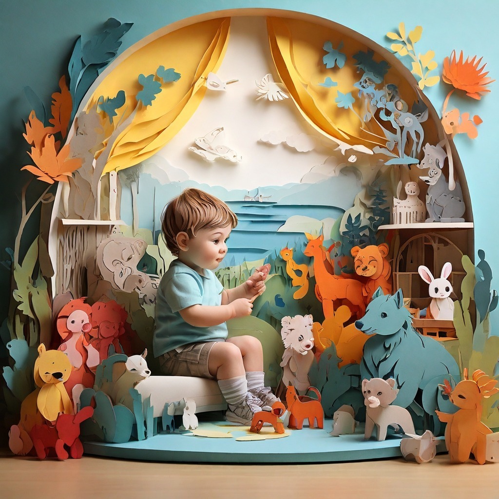 Les Soins du Bébé_Marina_Adamova_paper_cut_art_style_a_baby_playing_in_t_1