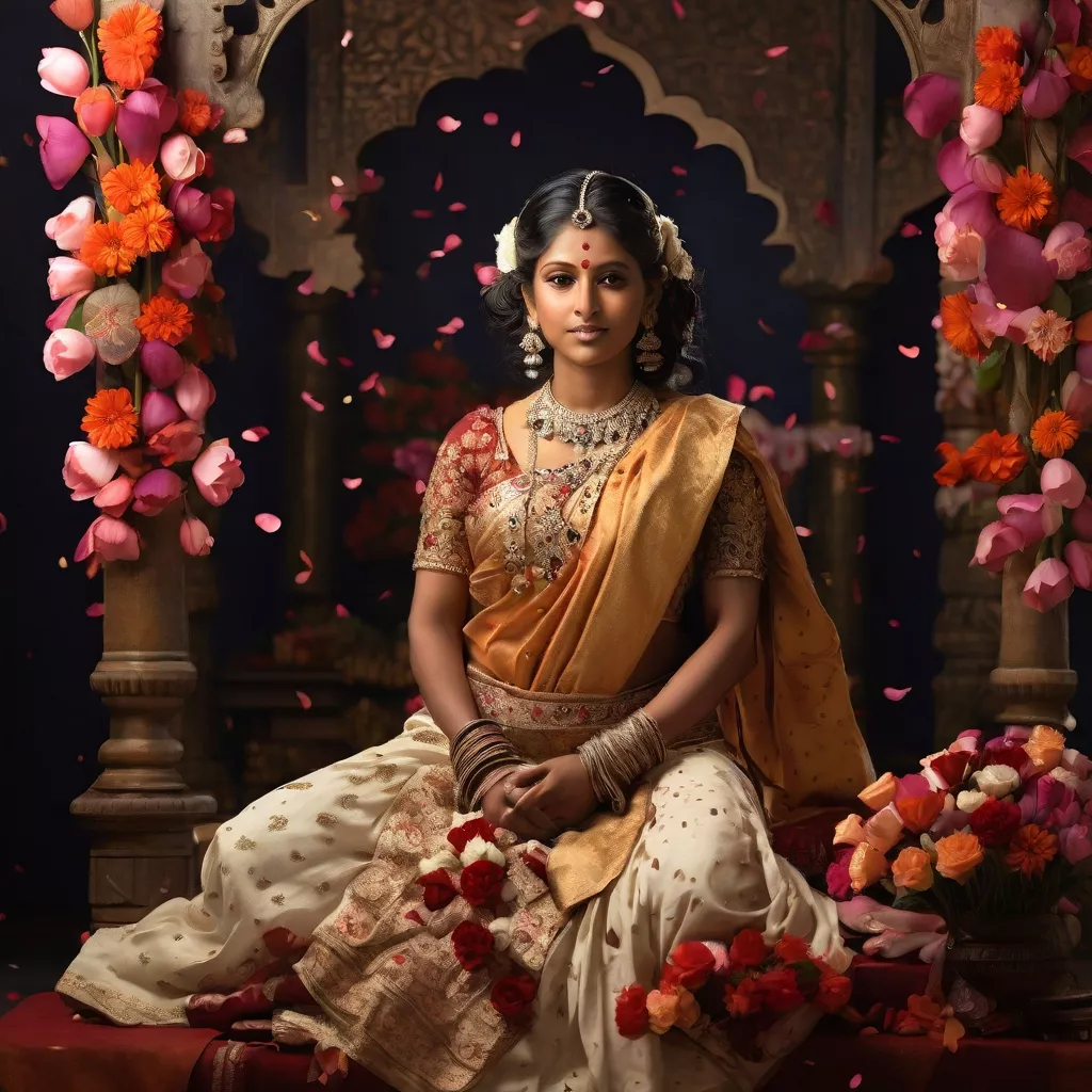 Default an indian woman seated on a throne with flowers she is 3